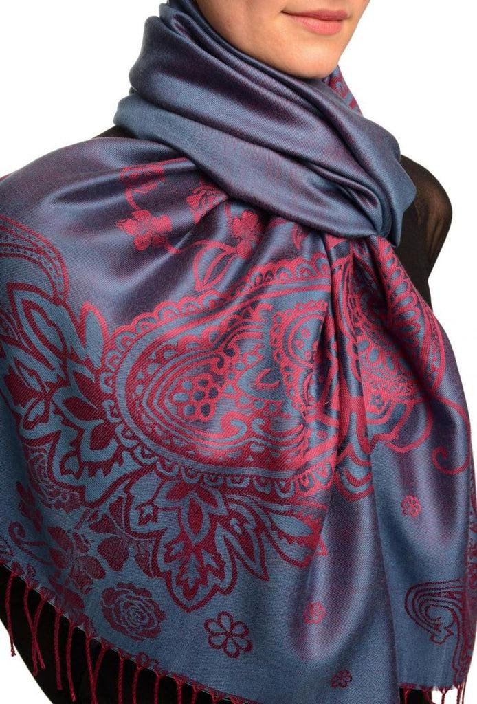 Liss Kiss Paisley & Roses On Violet Blue Pashmina Feel With Tassels - Scarf