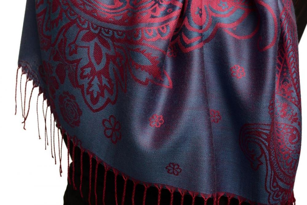 Liss Kiss Paisley & Roses On Violet Blue Pashmina Feel With Tassels - Scarf