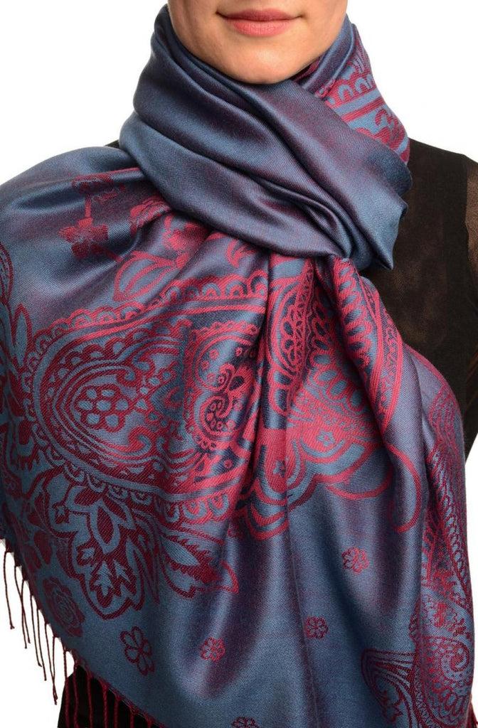 liss kiss Paisley & Roses On Violet Blue Pashmina Feel With Tassels - Scarf