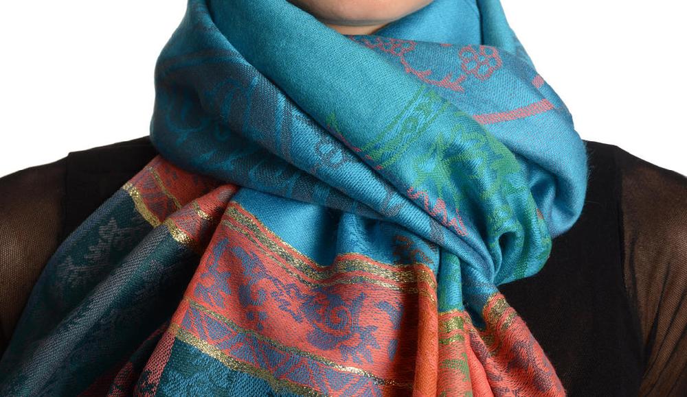 Liss Kiss Paisley Stripes On Blue With Gold Lurex Pashmina With Tassels - Scarf