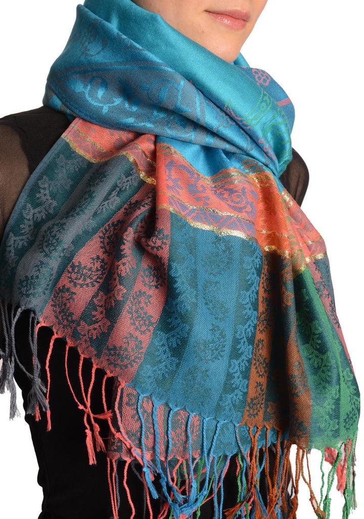 Liss Kiss Paisley Stripes On Blue With Gold Lurex Pashmina With Tassels - Scarf