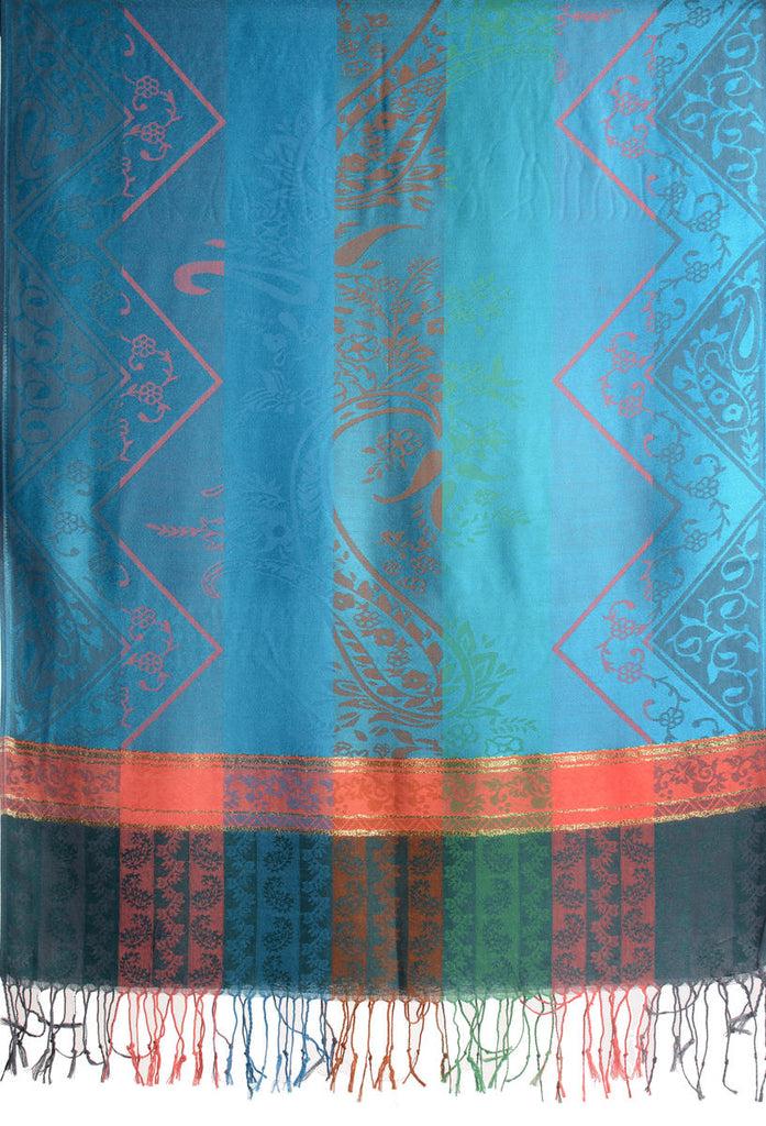 Liss Kiss Paisley Stripes On Blue With Gold Lurex Pashmina With Tassels - Scarf