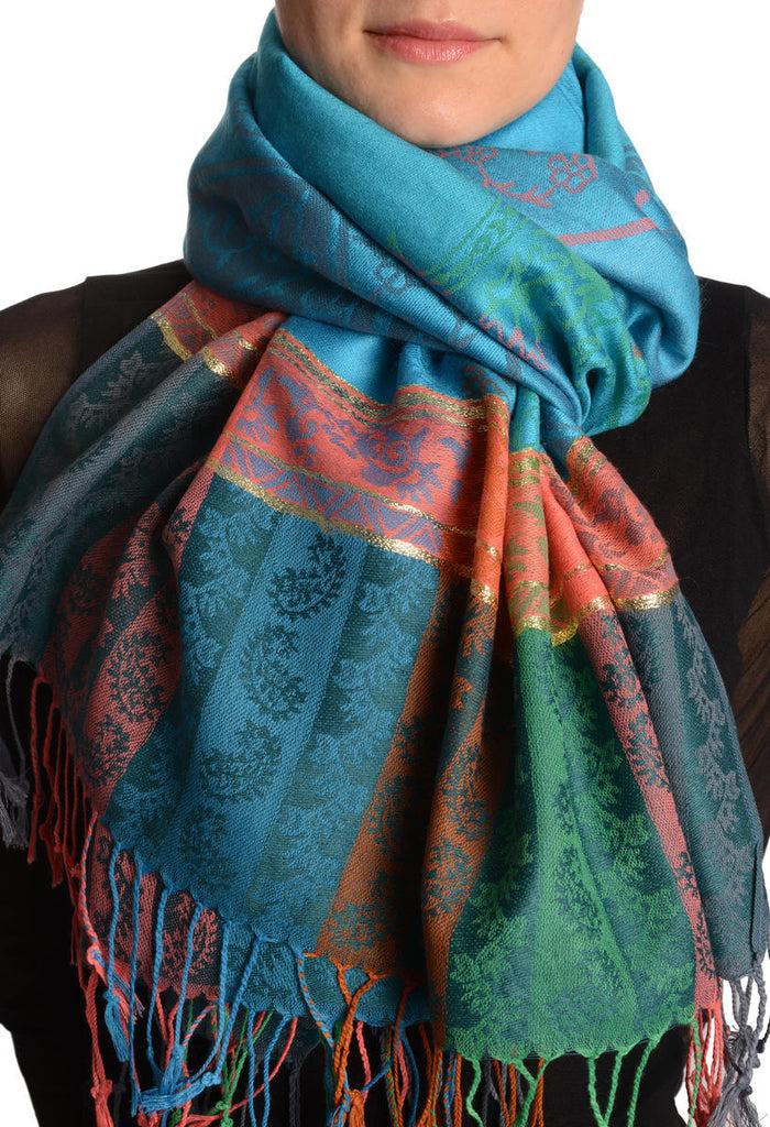 liss kiss Paisley Stripes On Blue With Gold Lurex Pashmina With Tassels - Scarf