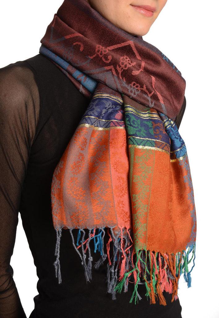 Liss Kiss Paisley Stripes On Brown With Gold Lurex Pashmina With Tassels - Scarf