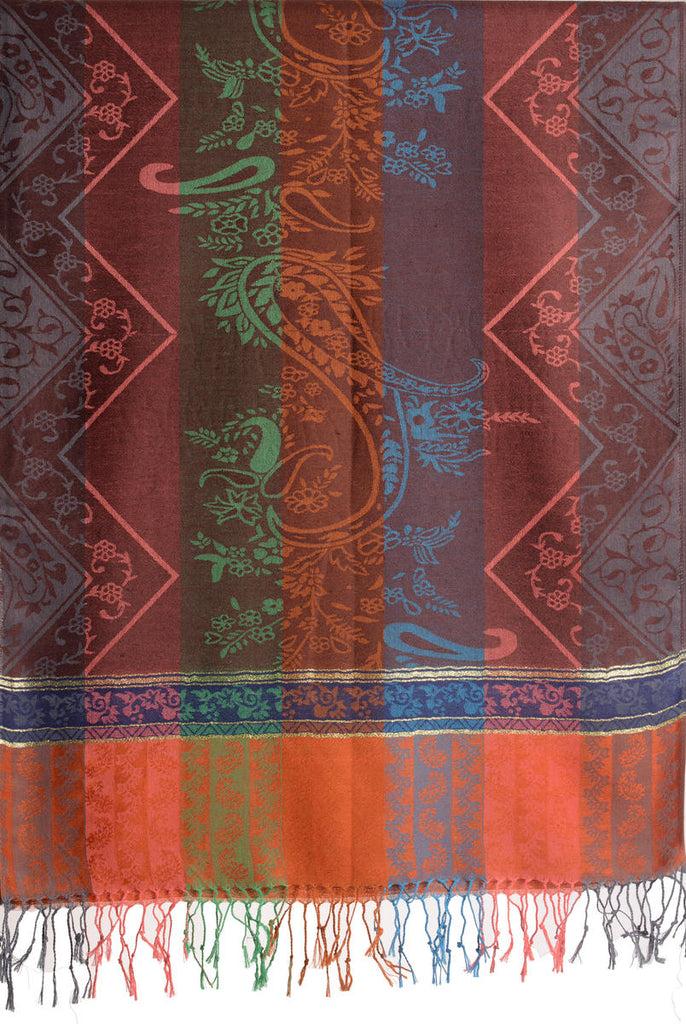 Liss Kiss Paisley Stripes On Brown With Gold Lurex Pashmina With Tassels - Scarf