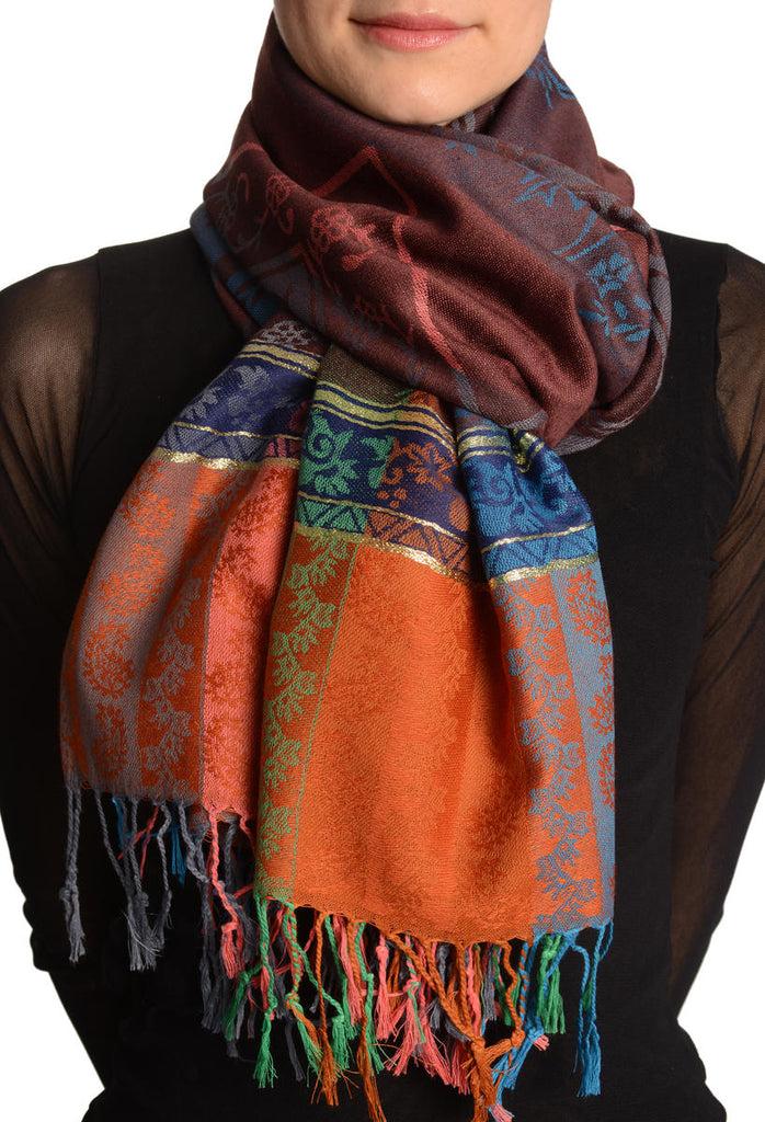 liss kiss Paisley Stripes On Brown With Gold Lurex Pashmina With Tassels - Scarf