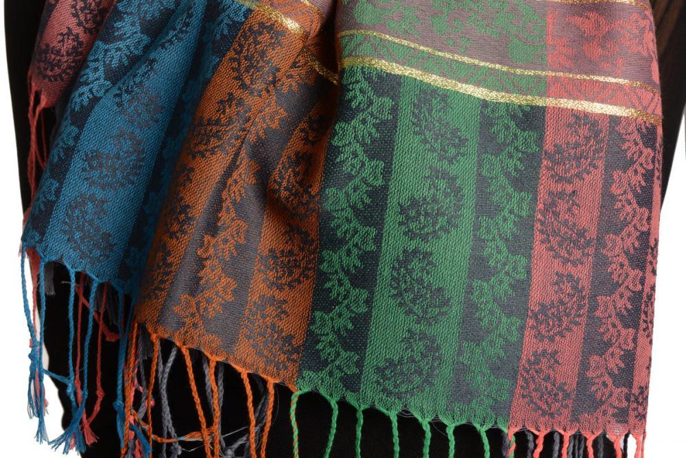 Liss Kiss Paisley Stripes On Grey With Gold Lurex Pashmina With Tassels - Scarf