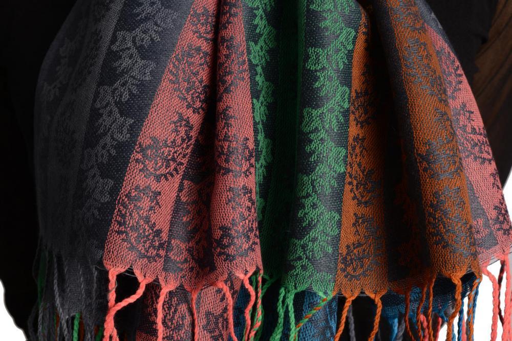 Liss Kiss Paisley Stripes On Grey With Gold Lurex Pashmina With Tassels - Scarf