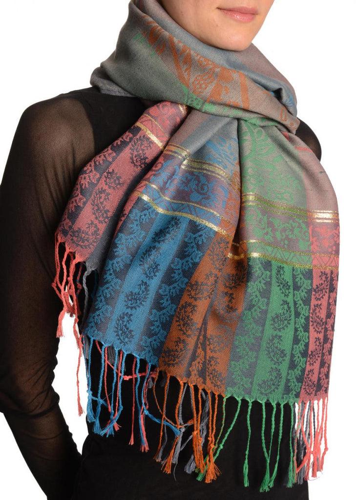Liss Kiss Paisley Stripes On Grey With Gold Lurex Pashmina With Tassels - Scarf