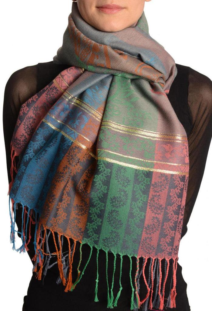 liss kiss Paisley Stripes On Grey With Gold Lurex Pashmina With Tassels - Scarf