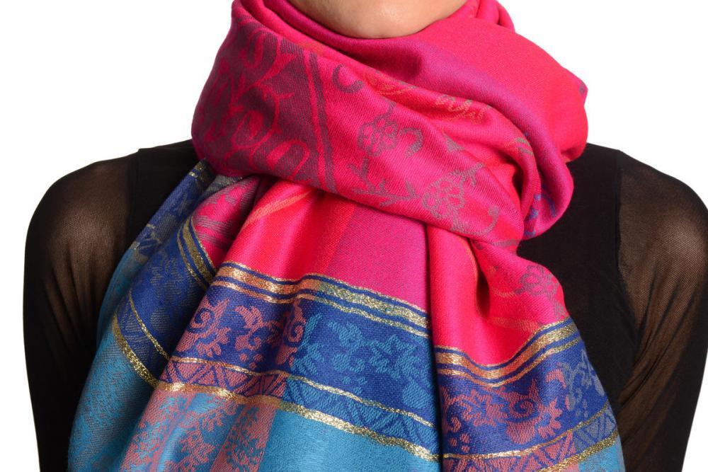 Liss Kiss Paisley Stripes On Pink With Gold Lurex Pashmina With Tassels - Scarf