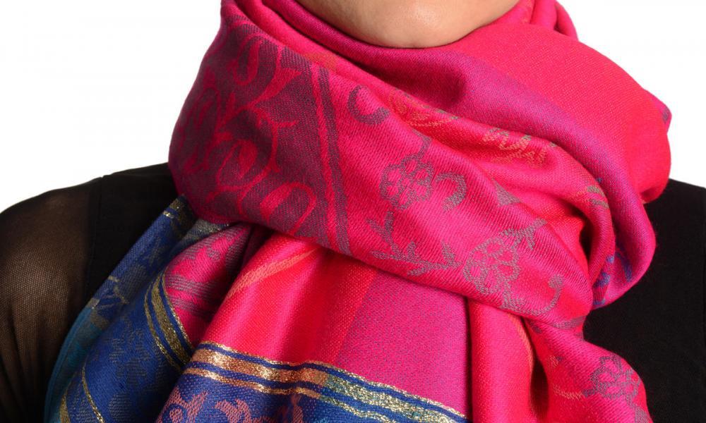 Liss Kiss Paisley Stripes On Pink With Gold Lurex Pashmina With Tassels - Scarf