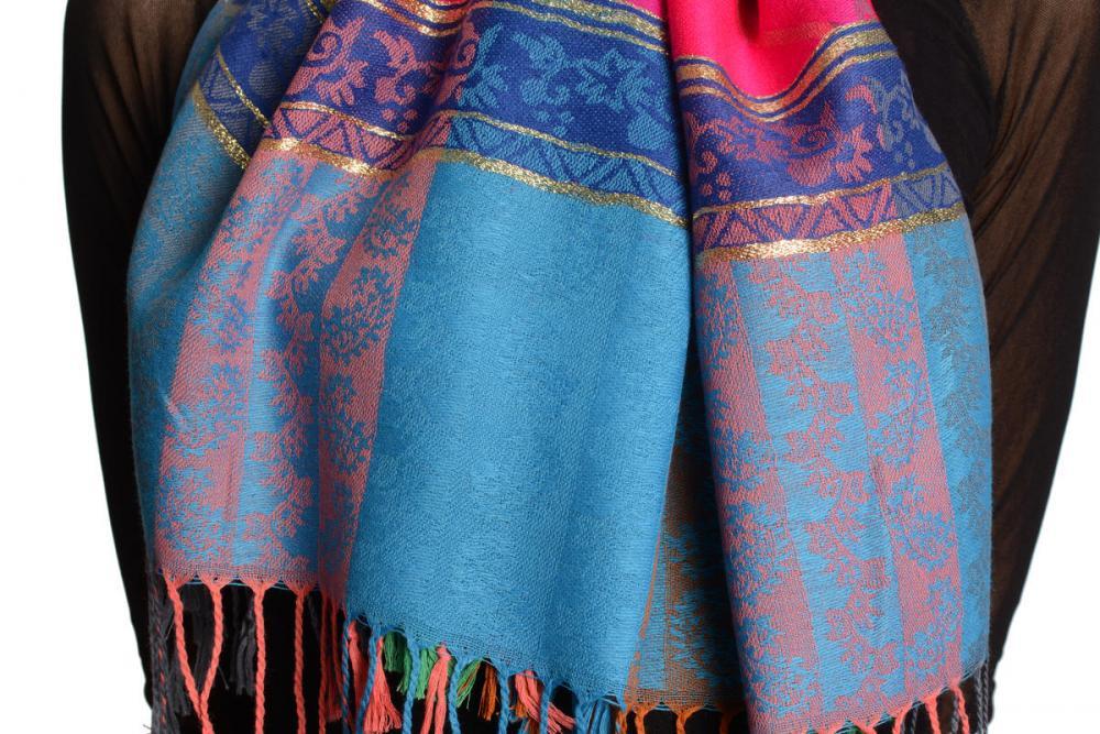 Liss Kiss Paisley Stripes On Pink With Gold Lurex Pashmina With Tassels - Scarf