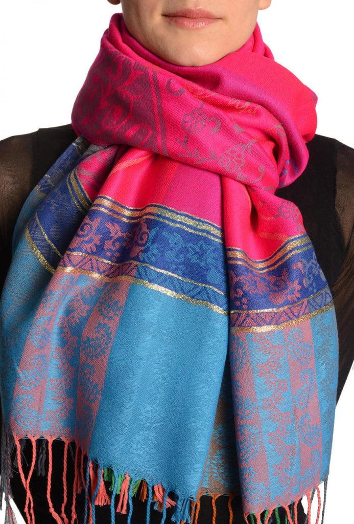 liss kiss Paisley Stripes On Pink With Gold Lurex Pashmina With Tassels - Scarf