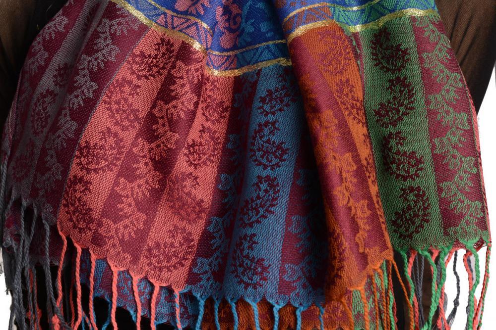 Liss Kiss Paisley Stripes On Purple With Gold Lurex Pashmina With Tassels - Scarf