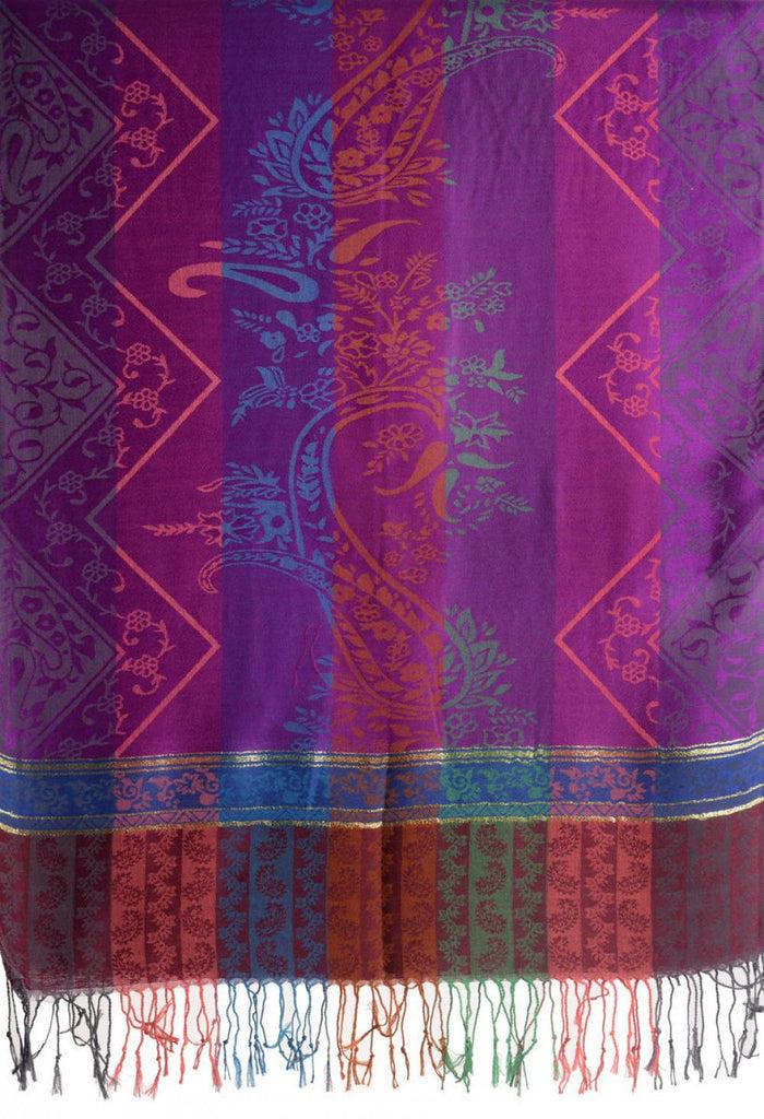 Liss Kiss Paisley Stripes On Purple With Gold Lurex Pashmina With Tassels - Scarf