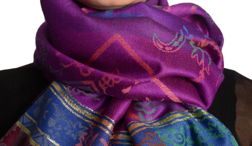 Liss Kiss Paisley Stripes On Purple With Gold Lurex Pashmina With Tassels - Scarf