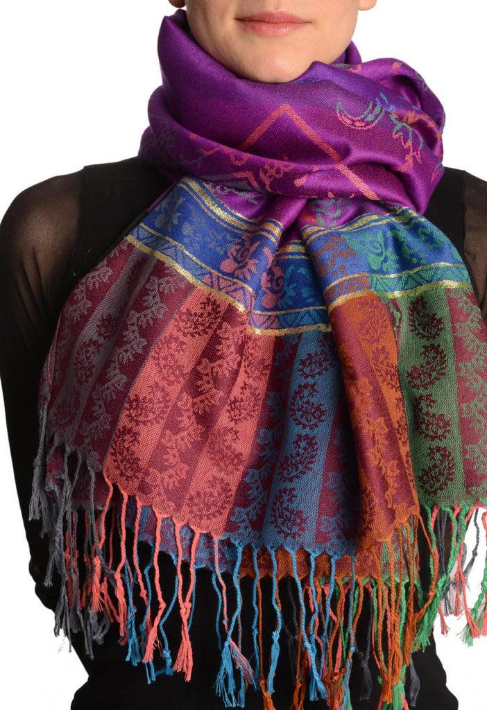 liss kiss Paisley Stripes On Purple With Gold Lurex Pashmina With Tassels - Scarf