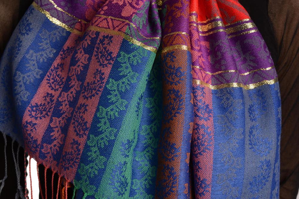 Liss Kiss Paisley Stripes On Red With Gold Lurex Pashmina With Tassels - Scarf