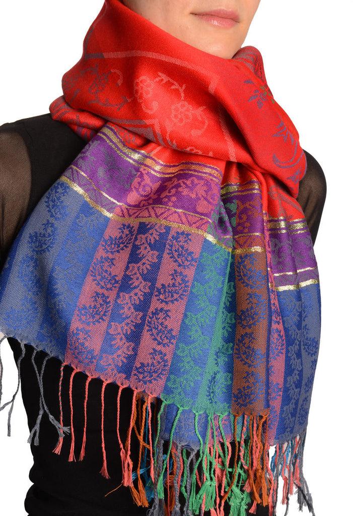 Liss Kiss Paisley Stripes On Red With Gold Lurex Pashmina With Tassels - Scarf
