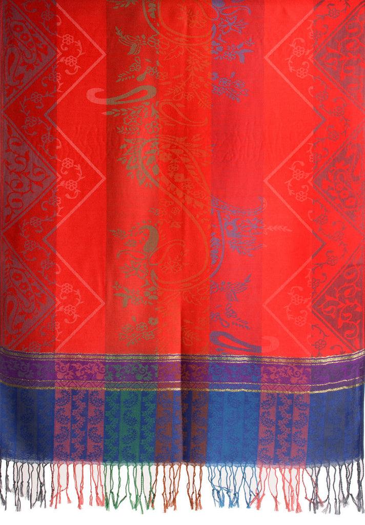 Liss Kiss Paisley Stripes On Red With Gold Lurex Pashmina With Tassels - Scarf