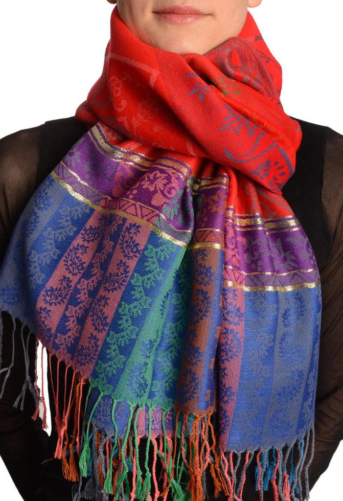 liss kiss Paisley Stripes On Red With Gold Lurex Pashmina With Tassels - Scarf