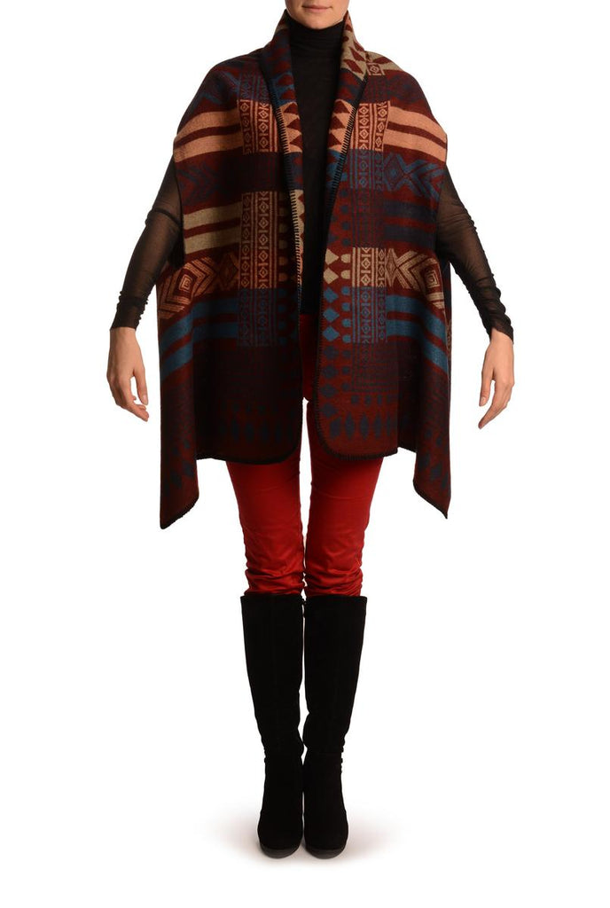 Liss Kiss Peach Beige & Blue Aztec On Boudreaux Blanket Wrap (Poncho) - Poncho