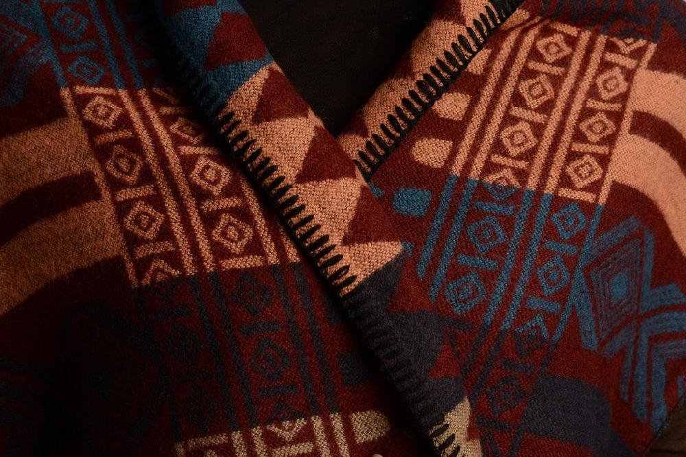 Liss Kiss Peach Beige & Blue Aztec On Boudreaux Blanket Wrap (Poncho) - Poncho