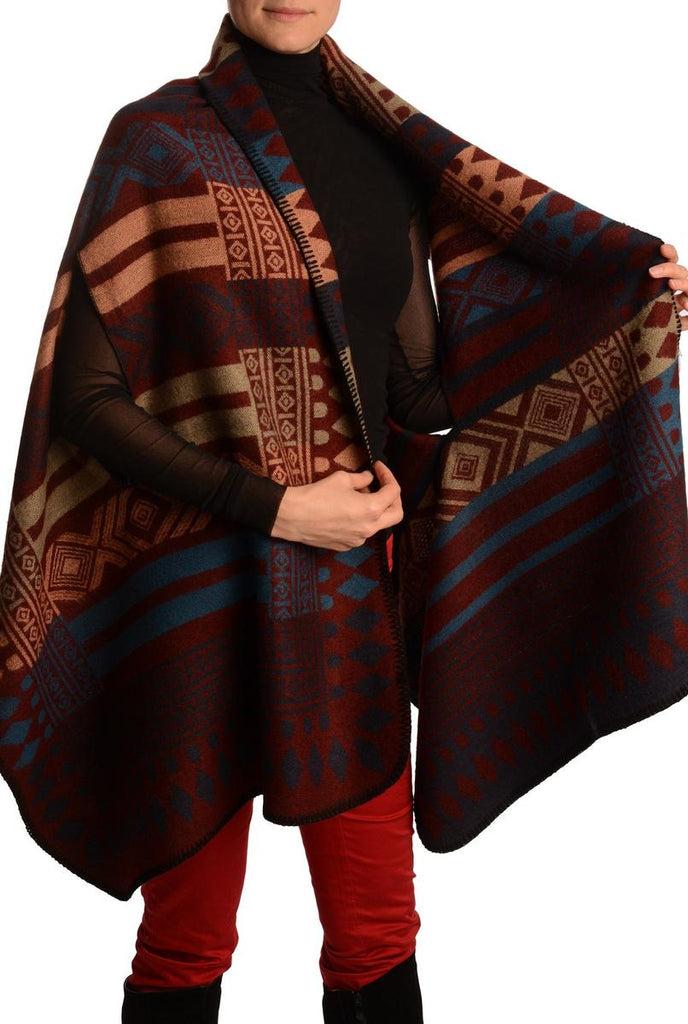 Liss Kiss Peach Beige & Blue Aztec On Boudreaux Blanket Wrap (Poncho) - Poncho