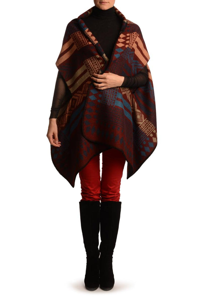 liss kiss Peach Beige & Blue Aztec On Boudreaux Blanket Wrap (Poncho) - Poncho
