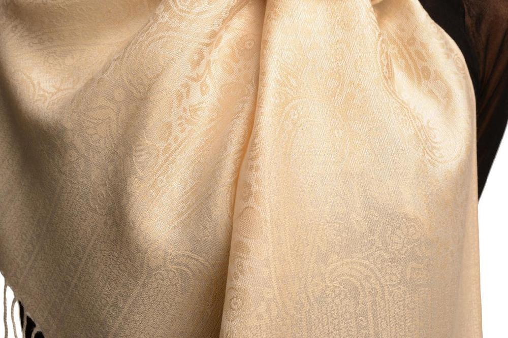 Liss Kiss Peach Beige Paisleys Pashmina Feel With Tassels - Scarf