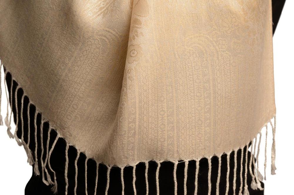 Liss Kiss Peach Beige Paisleys Pashmina Feel With Tassels - Scarf