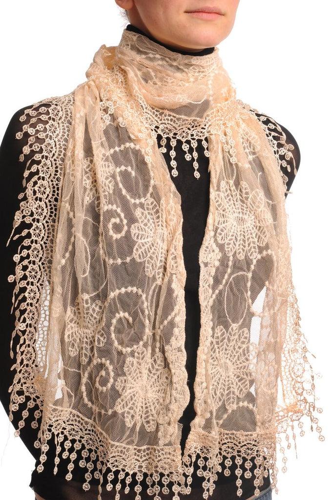 Liss Kiss Peach Cream Vintage Lace With Flowers - Scarf