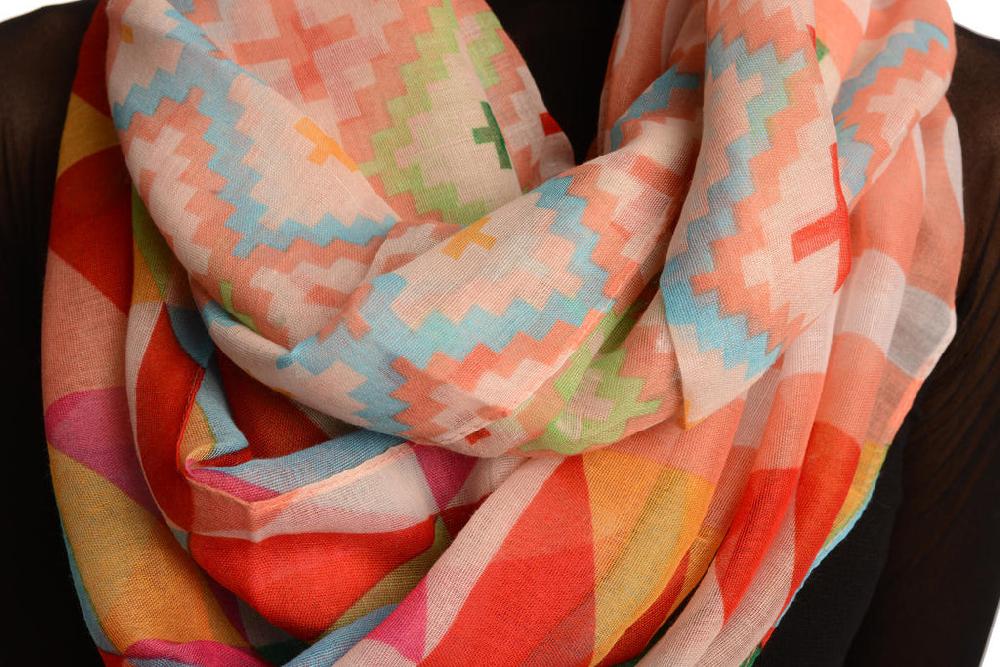 Liss Kiss Peach Geometrical Pattern Mix Snood Scarf - Snood