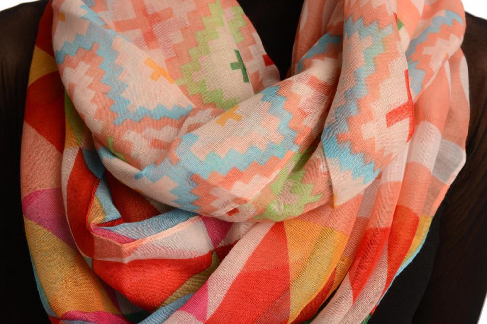 Liss Kiss Peach Geometrical Pattern Mix Snood Scarf - Snood