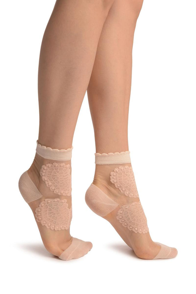 Liss Kiss Peach Hearts On Invisible Mesh Ankle High Socks - Socks