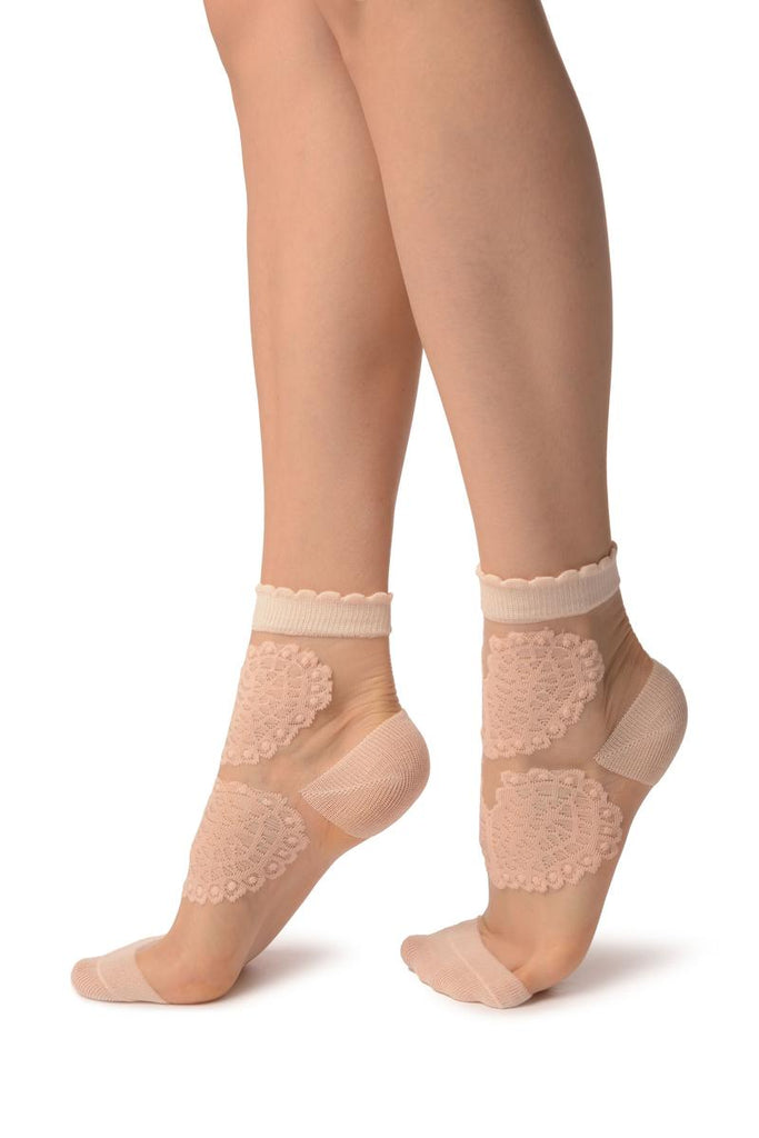 Liss Kiss Peach Hearts On Invisible Mesh Ankle High Socks - Socks