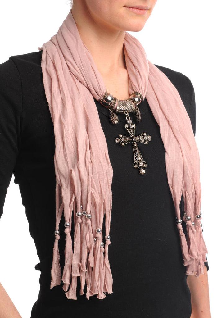 Liss Kiss Peach Jewellery Scarf With Cross Pendant & Beads - Scarf