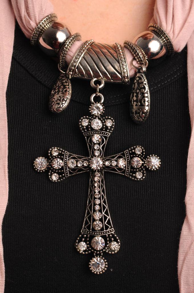 Liss Kiss Peach Jewellery Scarf With Cross Pendant & Beads - Scarf