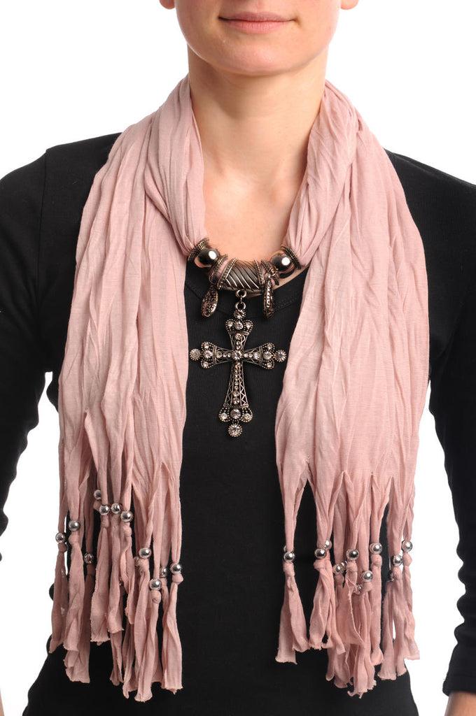liss kiss Peach Jewellery Scarf With Cross Pendant & Beads - Scarf