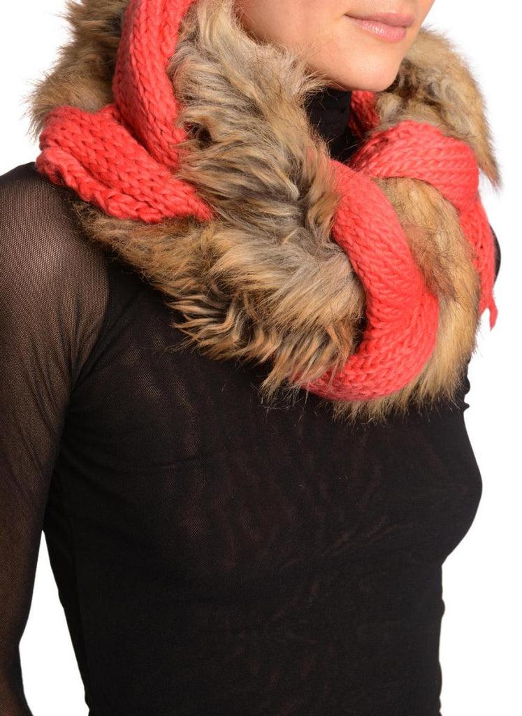 Liss Kiss Peach Pink Knitted Plait Style Snood With Faux Fur - Snood