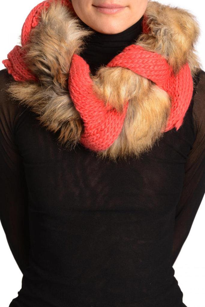 liss kiss Peach Pink Knitted Plait Style Snood With Faux Fur - Snood