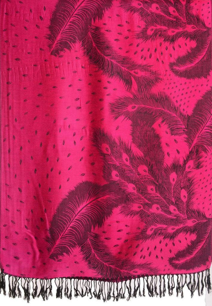 Liss Kiss Peacock Feathers On Magenta Pink Pashmina With Tassels - Scarf