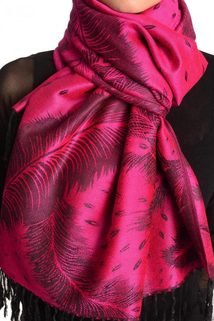 Liss Kiss Peacock Feathers On Magenta Pink Pashmina With Tassels - Scarf