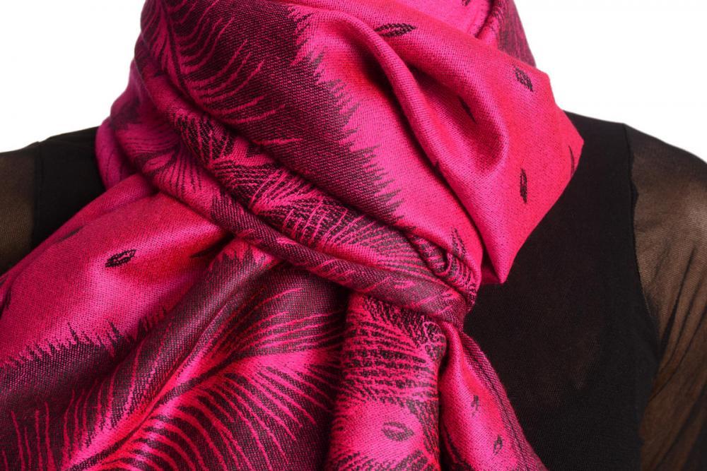 Liss Kiss Peacock Feathers On Magenta Pink Pashmina With Tassels - Scarf