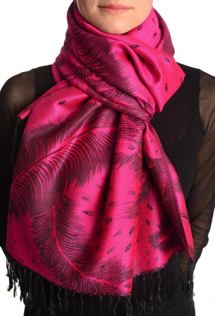 liss kiss Peacock Feathers On Magenta Pink Pashmina With Tassels - Scarf