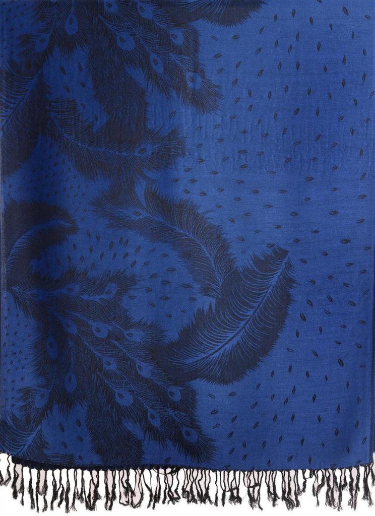Liss Kiss Peacock Feathers On Persian Blue Pashmina With Tassels - Scarf
