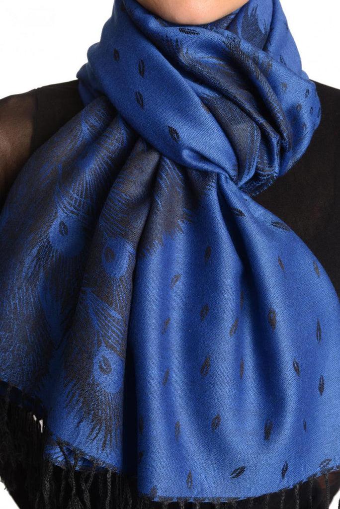 Liss Kiss Peacock Feathers On Persian Blue Pashmina With Tassels - Scarf
