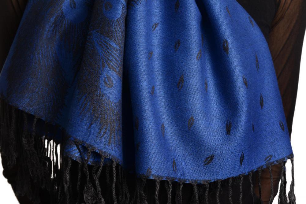 Liss Kiss Peacock Feathers On Persian Blue Pashmina With Tassels - Scarf