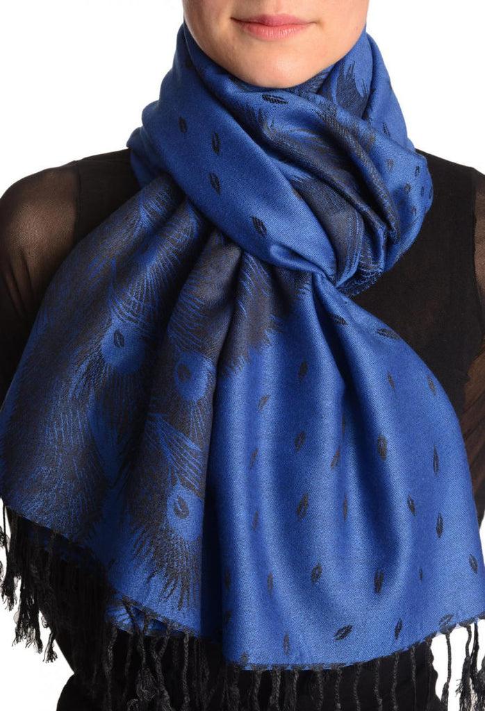 liss kiss Peacock Feathers On Persian Blue Pashmina With Tassels - Scarf